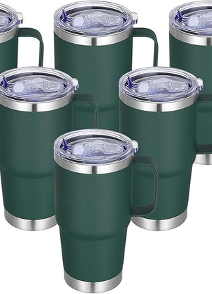 20 oz Stainless Steel Tumbler with Handle Bulk Metal Insulated Tumblers Travel Coffee Mug with Handle Double Wall Tumbler Cup with Lid and Straw, Dark Green 6 Pack