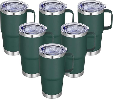 20 oz Stainless Steel Tumbler with Handle Bulk Metal Insulated Tumblers Travel Coffee Mug with Handle Double Wall Tumbler Cup with Lid and Straw, Dark Green 6 Pack