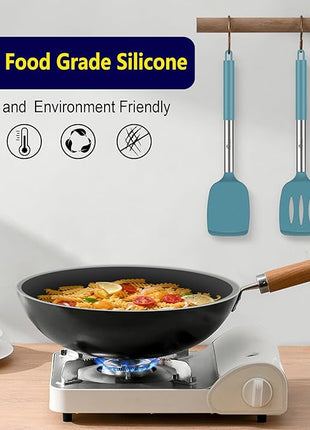 HOTEC Silicone Spatula Set of 2 Heat-Resistant 600°F & BPA-Free Kitchen SaptulaTurner with Stainless Steel Handles, Slotted & Solid Spatulas for Nonstick Cookware, 13.7 Inch, Blue