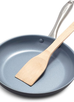 GreenPan Lima Hard Anodized 10" Frying Pan Skillet, Wood Spatula, Ceramic Nonstick, PFAS-Free Nontoxic Pots and Pans, Oven & Broiler Safe, Stainless Steel Handle, Cookware for Eggs & Omelet, Gray