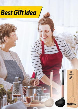 Pack of 2 Ladle Spoon,Silicone Large Spoon for Soup,Non Stick Kitchen Utensils with High Heat Resistant,BPA Free Perfect Kitchen Tools for Cooking, Stirring,Serving Soups (ROSE GOLD BLACK-KHAKI)