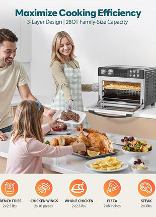 28QT Air Fryer Toaster Oven Combo, Large 12-in-1 Convection Countertop Oven with Next-Gen HeatWave Convection, 3-Layer Cooking, Rotisserie for Chicken, Fits 11" Pizza, Full Accessories, Sparkle Black