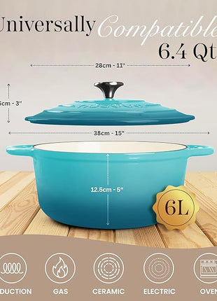 Nuovva Enamelled Cast Iron Dutch Oven Pot with Lid – 6.4 Quart Non Stick Casserole Pot – Heavy Duty & Oven Safe up to 500° F for Bread Baking, Braising, Stews, Roasting – 28cm Teal