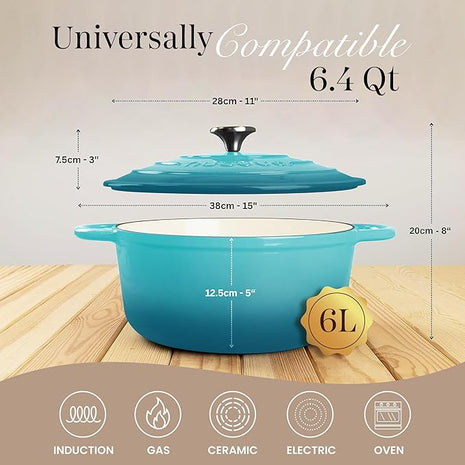 Nuovva Enamelled Cast Iron Dutch Oven Pot with Lid – 6.4 Quart Non Stick Casserole Pot – Heavy Duty & Oven Safe up to 500° F for Bread Baking, Braising, Stews, Roasting – 28cm Teal