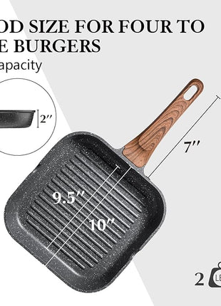 SENSARTE Nonstick Grill Pan for Stove Tops, Versatile Griddle with Pour Spouts, Square Big Cooking Surface, Durable Skillet Indoor & Outdoor Grilling. PFOA Free, 9.5 Inch