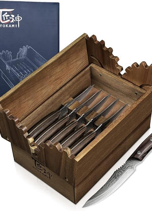 Steak Knives Set of 6 with Drawer Organizer, 4.8 Inch High Carbon Japanese Style Non Serrated Meat Knife with Wood Handle, Damascus Pattern Full Tang Design, Razor Sharp Dinner Knives