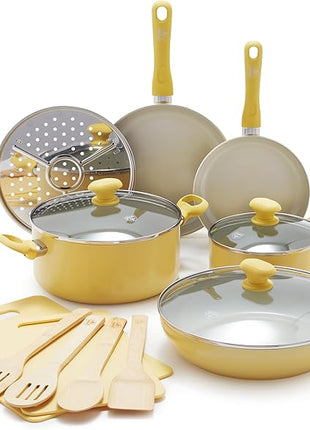 GreenLife Soft Grip Healthy Ceramic Nonstick 15 Piece Kitchen Cookware Pots and Frying Sauce Saute Pans Set, PFAS-Free with Kitchen Utensils and Lid, Dishwasher Safe, Yellow