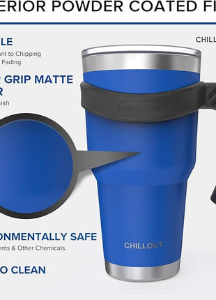 Stainless Steel Travel Mug with Handle 30 oz - 6 Piece Set. Tumbler with Handle, Straw, Cleaning Brush & 2 Lids. Double Wall Insulated Large Coffee Mug Bundle - Royal Blue Powder Coat Tumbler