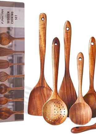 FJNATINH 7-Piece Nonstick Wooden Cooking Utensils Set, Natural and Healthy Kitchen Utensils（7 Pcs）