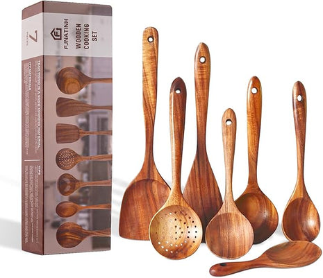 FJNATINH 7-Piece Nonstick Wooden Cooking Utensils Set, Natural and Healthy Kitchen Utensils（7 Pcs）