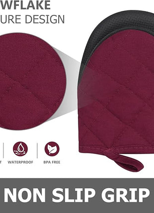 Qulable 1 Pair Short Oven Mitts - Silicone Kitchen Oven Gloves High Heat Resistant 500℉, Mini Oven Mits with Non-Slip Grip Surfaces and Hanging Loop for BBQ, Baking, Cooking and Grilling (Dark Red)