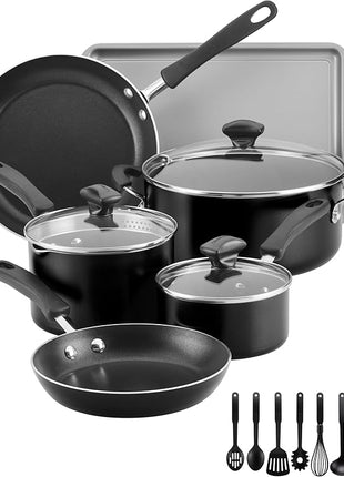 Farberware Cookstart DiamondMax Nonstick Cookware/Pots and Pans Set with Glass Lids, Dishwasher Safe, Includes Baking Pan and Kitchen Cooking Tools, 15 Piece - Black