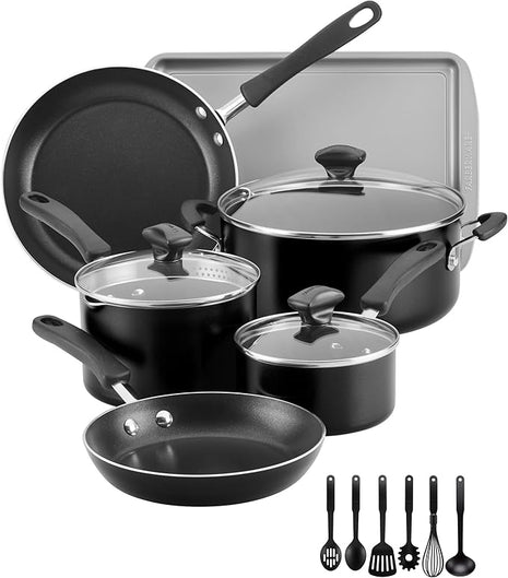 Farberware Cookstart DiamondMax Nonstick Cookware/Pots and Pans Set with Glass Lids, Dishwasher Safe, Includes Baking Pan and Kitchen Cooking Tools, 15 Piece - Black