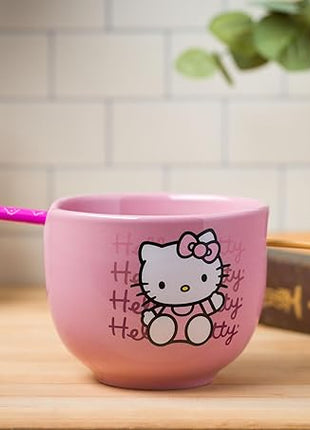 Silver Buffalo Sanrio Hello Kitty Waving Pink Ceramic Ramen Noodle Rice Bowl with Chopsticks, Microwave Safe, 20 Ounces,