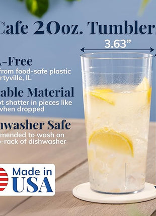 US Acrylic Cafe Plastic Reusable Tumblers (Set of 16) 20-ounce Water Cups in Clear | Value Set of Restaurant Style Drinking Glasses, Stackable, BPA-free, Made in the USA | Top-rack Dishwasher Safe