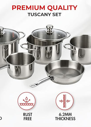 Vinod Stainless Steel Induction Friendly Tuscany Set 5 Pieces - Saucepan (14 cm/1.3 Litre), 3 Cassseroles (14 cm,16 cm & 18 cm/1.3,2 & 2.8 Litre), Frypan (18 cm) & 3 Glass Lids