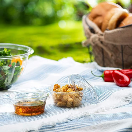 Portion Cups with Lids (3.25 Ounces, 100 Pack) | Disposable Plastic Cups for Meal Prep, Portion Control, Salad Dressing, & Medicine | Small Plastic Condiment Container