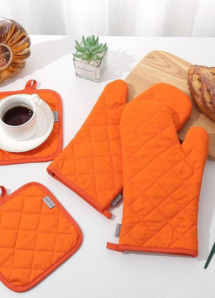 Oven Mitts and Pot Holders 4 pcs Set,High Heat Resistant 500 Degree Extra Thicken Long Kitchen Cotton Oven Glove for Cooking (12 Inch,Orange)…