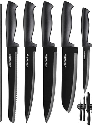 Kitchen Knife Set with No Drilling Magnetic Strip for Kitchen Black Titanium Small Cooking Knives, Sharp Stainless Steel Chef Knife Set for Cutting Meat & Vegetable