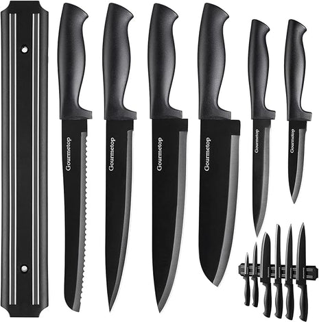 Kitchen Knife Set with No Drilling Magnetic Strip for Kitchen Black Titanium Small Cooking Knives, Sharp Stainless Steel Chef Knife Set for Cutting Meat & Vegetable