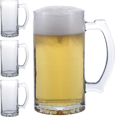 Large Beer Glasses Set Of 4 Thick Quality Glass Mugs With Comfortable Thumb Rest, Beer Stein Pack Of 4, 26 OZ Glass Mugs With Handles (Clear)