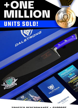 DALSTRONG Chef Knife - 8 inch Blade - Gladiator Series - Forged High Carbon German Steel - Razor Sharp Kitchen Knife - Professional Full Tang Knives - Blue Handle ABS - Sheath - NSF Certified