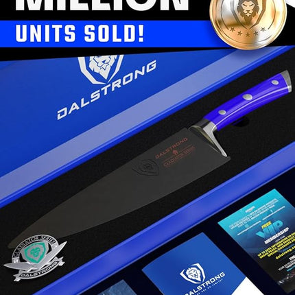 DALSTRONG Chef Knife - 8 inch Blade - Gladiator Series - Forged High Carbon German Steel - Razor Sharp Kitchen Knife - Professional Full Tang Knives - Blue Handle ABS - Sheath - NSF Certified