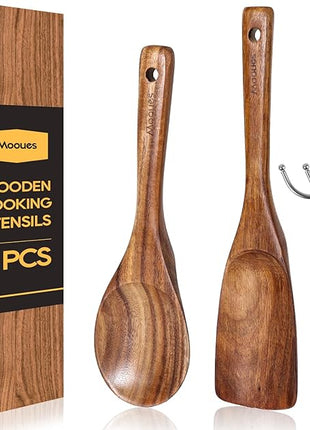 Wooden Spoons for Cooking, Wooden Utensils for Cooking Natural Teak Wooden Kitchen Utensils Set Comfort Grip(2 PCS)