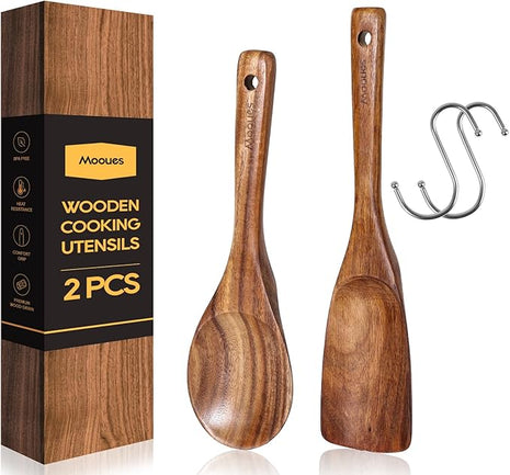 Wooden Spoons for Cooking, Wooden Utensils for Cooking Natural Teak Wooden Kitchen Utensils Set Comfort Grip(2 PCS)