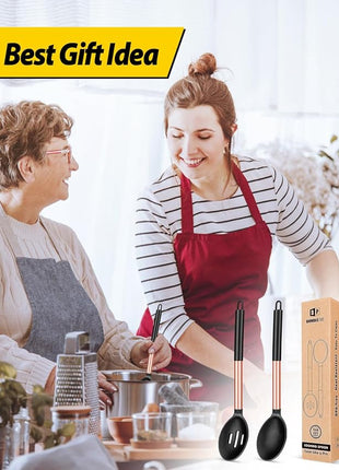 Pack of 2 Large Silicone Cooking Spoons,Non Stick Solid Basting Spoon,Heat-Resistant Kitchen Utensils for Mixing,Serving,Draining,Stirring (ROSE GOLD BLACK)