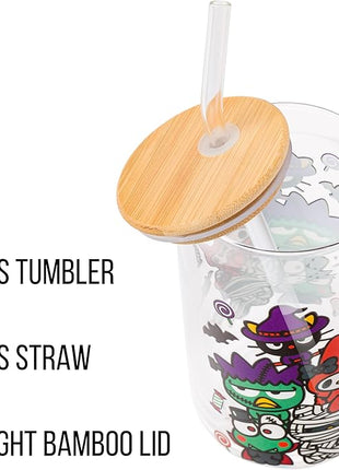 Silver Buffalo Sanrio Hello Kitty & Friends Halloween Spooky Badtz-Maru Frankenstein, Chococat Witch, My Melody Ghost, Keroppi Vampire, Mummy Glass Jar Tumbler w Bamboo Lid and Glass Straw, 16oz