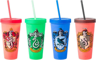 Silver Buffalo Harry Potter House Crests 4 pack Color Change Plastic Tumbler, 24 Ounces