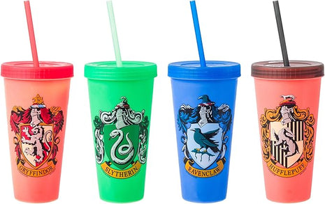 Silver Buffalo Harry Potter House Crests 4 pack Color Change Plastic Tumbler, 24 Ounces
