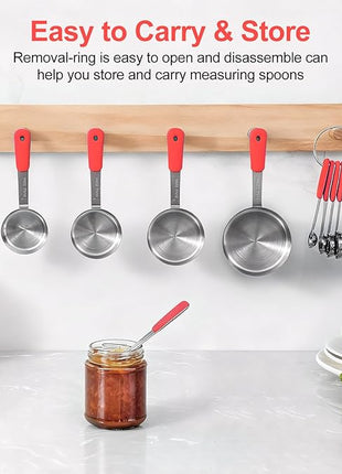 Measuring Cups and Spoons Set Stainless Steel 10 Piece for Cooking and Baking (5 Cups + 5 Spoons, Red Handle)