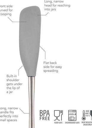 Tovolo Jar Spatula Silicone Long Stainless Steel Handle Scraper Spatula Oyster Gray, Jar Scraper Heat Resistant Dishwasher Safe BPA Free Kitchen Utensil for Scraping Spreading Jelly Peanut Butter