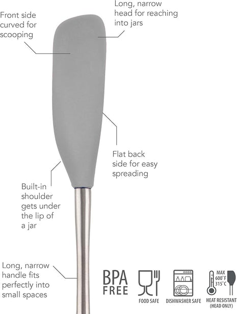 Tovolo Jar Spatula Silicone Long Stainless Steel Handle Scraper Spatula Oyster Gray, Jar Scraper Heat Resistant Dishwasher Safe BPA Free Kitchen Utensil for Scraping Spreading Jelly Peanut Butter