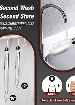 Walfos Extra Long Grill Tongs - Heavy Duty Metal Tongs - 16 & 12 inch Great for Grilling,BBQ/Barbecue,Cooking - Stainless Steel and Non-Slip Heat Resistant Silicone Handle (Set of 2)