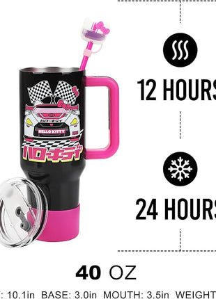 Bioworld Hello Kitty Race Car 40 Oz Black & Pink Stainless Steel Tumbler With Handle