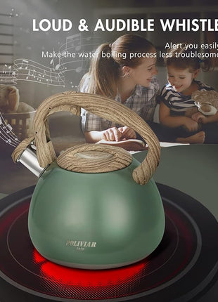 Poliviar Tea Kettle, 2.7 Quart Seaweed Green Finish with Wood Pattern Handle Loud Whistle Food Grade Stainless Steel Teapot, Anti-Hot Handle and Anti-Rust, Suitable for All Heat Sources (JX2020-SB30)