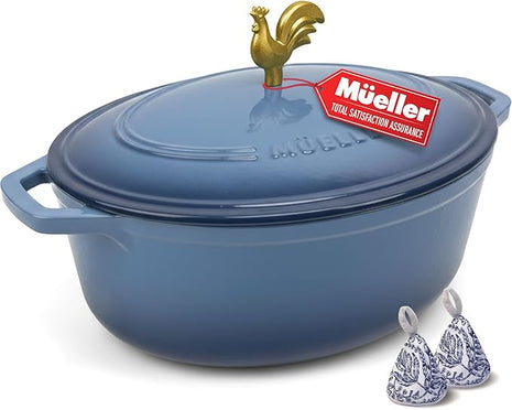 MUELLER HOME 5.5 Quart Enameled Cast Iron Oval Dutch Oven w Rooster Knob & Cotton Potholders, Heavy-Duty Cookware, Oven-Safe up to 500° F & Across All Cooktops, Gifts for Grandma & Women, Mineral Blue