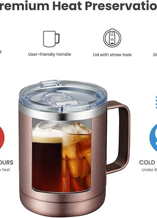 MEWAY 12oz Coffee Mug With Handle 2 Pack Bulk,Stainless Steel Insulated Travel Tumblers With Sliding Lid,Double Wall Vacuum Camping Cup for Hot & Cold Drinks Tea (Rose Gold,Set of 2)