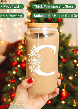 Coolife Initial Glass Cup, Monogrammed Gifts for Women, 16 oz Glass Cups w/Lids Straws, Iced Coffee Smoothie Beer Tumbler w/Straw Lid - Personalized Christmas, Birthday Gifts for Her Mom Friend Woman