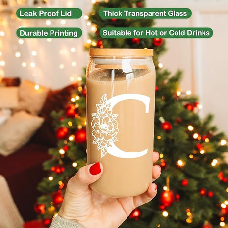 Coolife Initial Glass Cup, Monogrammed Gifts for Women, 16 oz Glass Cups w/Lids Straws, Iced Coffee Smoothie Beer Tumbler w/Straw Lid - Personalized Christmas, Birthday Gifts for Her Mom Friend Woman