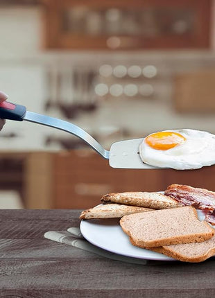 Stainless Steel Spatula, Flexible Metal Slotted Turner for Cast Iron Skillet, Thin Blade and Heat Resistant Silicone Handle, Great for Egg, Cookie, Meat, Crep, Medium