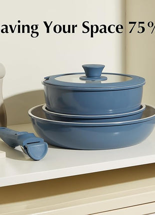 Redchef Ceramic Cookware Set, Removable Handle Pots and Pans Non-Stick, Rv Cookware Set, Non-Toxic Pots and Pans Set No PFAS, PTFE, PFOA, Detachable Pots and Pans, Dishwasher & Oven Safe(Blue)