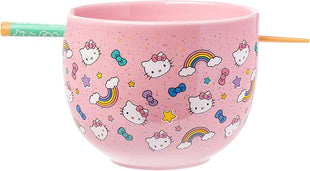 Silver Buffalo Sanrio Hello Kitty Bows Stars Rainbow Pattern Ceramic Ramen Noodle Rice Bowl with Chopsticks, Microwave Safe, 20 Ounces