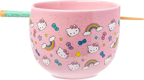 Silver Buffalo Sanrio Hello Kitty Bows Stars Rainbow Pattern Ceramic Ramen Noodle Rice Bowl with Chopsticks, Microwave Safe, 20 Ounces