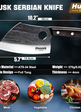 Huusk Serbian Chef Knife with Full Tang Handle Forged Butcher Knives for Meat Cutting Meat Cleaver Knife with Sheath for Halloween Kitchen Hunting or Camping Christmas Gift for Men and Women