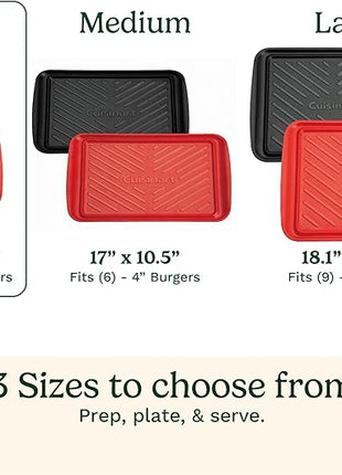 Cuisinart Grilling Prep & Serve Trays, 10.5x10.5 inch Small BBQ Tray Safe for Food Handling, 2 Dishwasher Safe Nesting Trays Black & Red, Perfect Grill Accessories for Cooked & Raw Meat, Fits 4 Burger