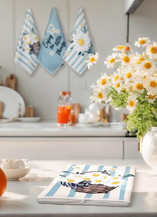 Boyiee Set of 6 Daisy Flower Kitchen Towels Daisy Stripes Tea Towels Floral Absorbent Dishtowels 24 x 16 Inches Housewarming Gifts Blue Hand Wash Cloth for Farmhouse Kitchen Bathroom Decorations